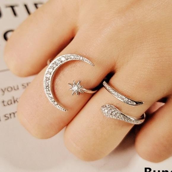 STAR MOON 925 STERLING SILVER DIAMOND ADJUSTABLE RING, CUTE RING, SHINY RING. - Picture 2 of 8